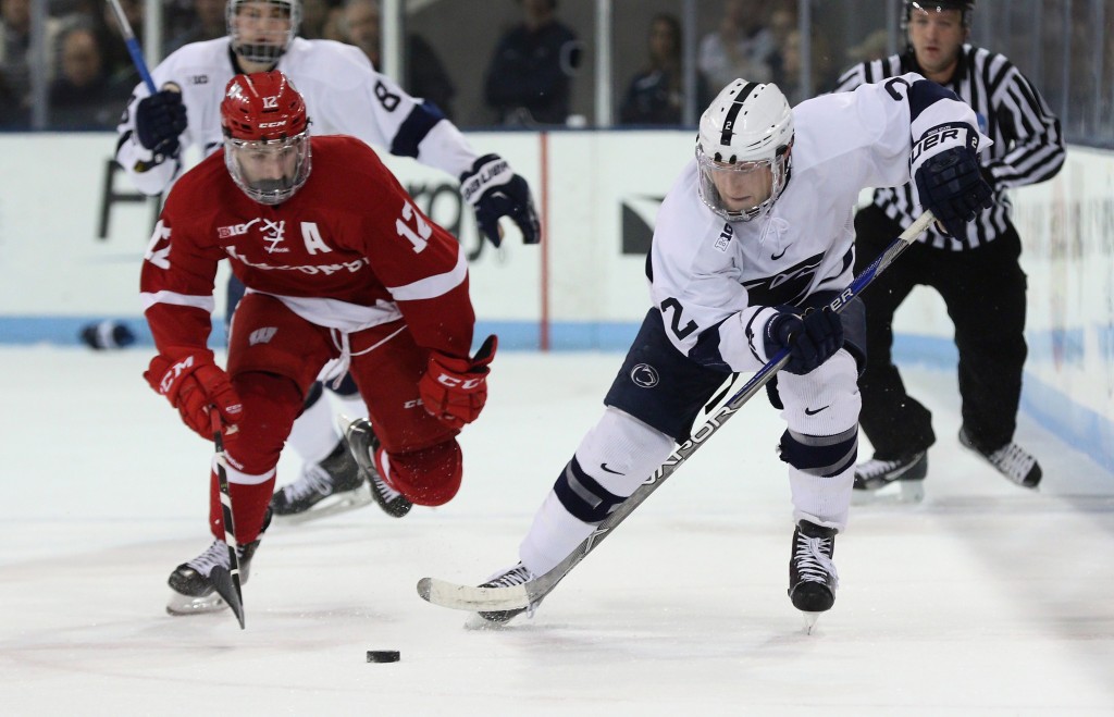 Penn State's Connor Varley (2) against Wisconsin on Jan. 15, 2016. No. 15 Penn State won 4-3 in sudden death overtime. Photo/Craig Houtz